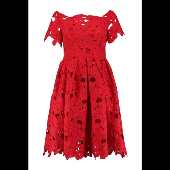 Chichwish Off Shoulder Floral Cutout Lace Skater Dress Mini Silhouette Red Small - Picture 2 of 15